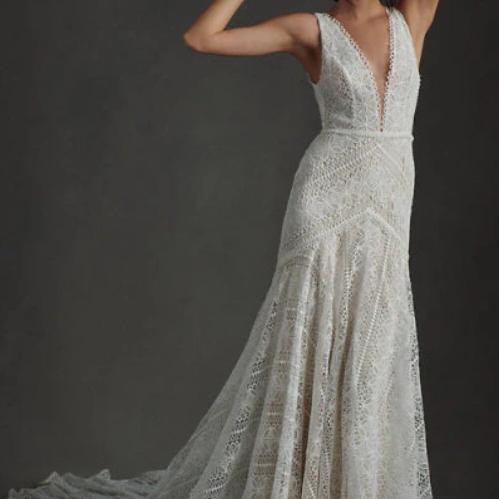 BHLDN Rish Lola gown - boho crochet lace wedding gown with train